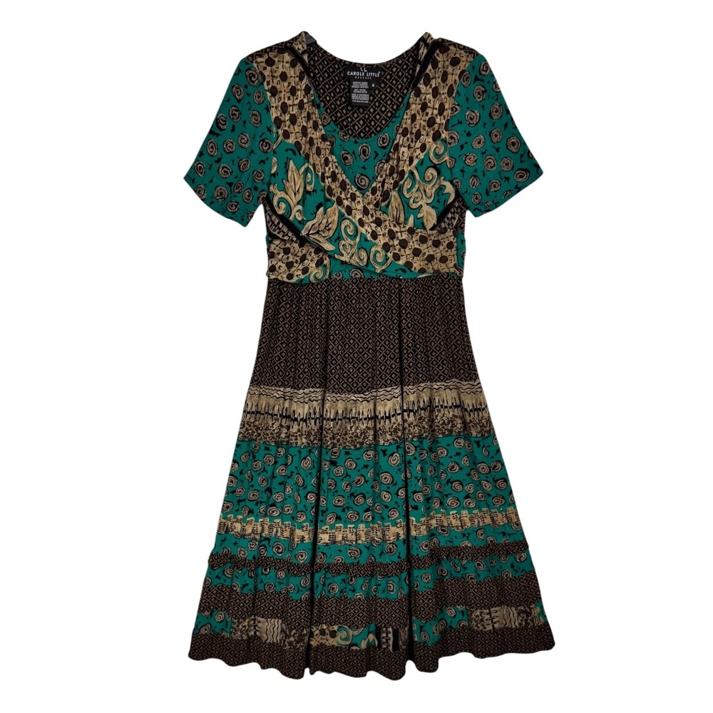 Vintage Carole Little Boho Tiered Midi Dress Sz 4 Patchwork Ruffle Vest Tie Back